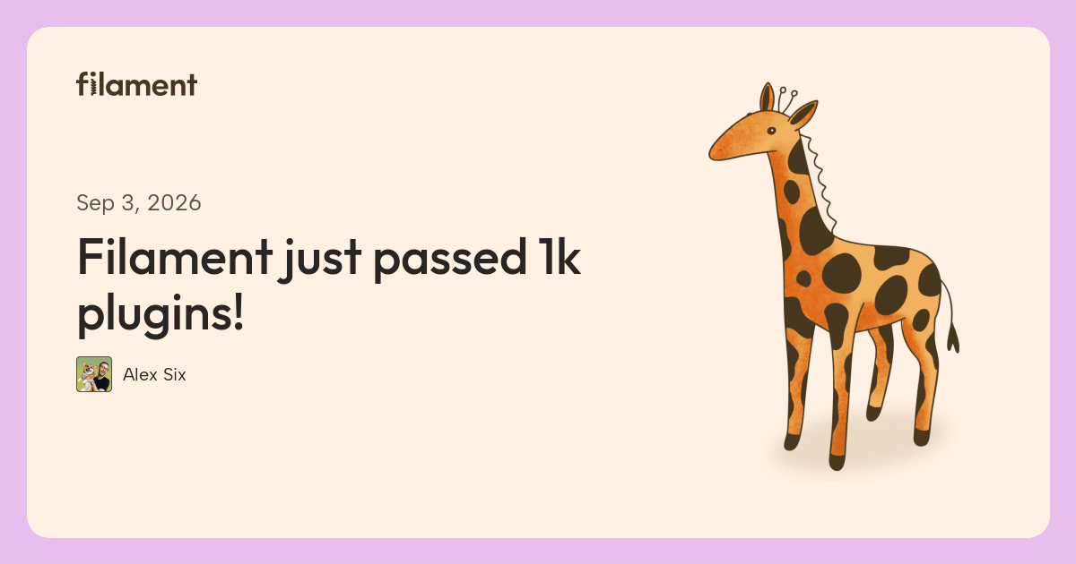 Filament article card for “Filament just passed 1k plugins!”, by Alex Six.