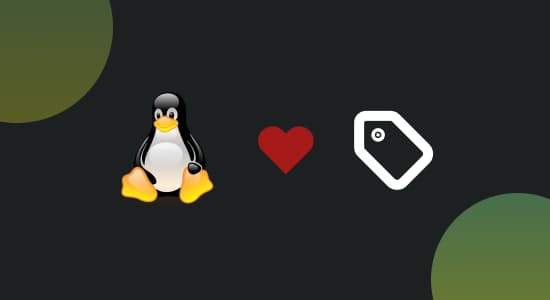 An image of Tux, the Linux mascot, next to a heart and a tag icon.
