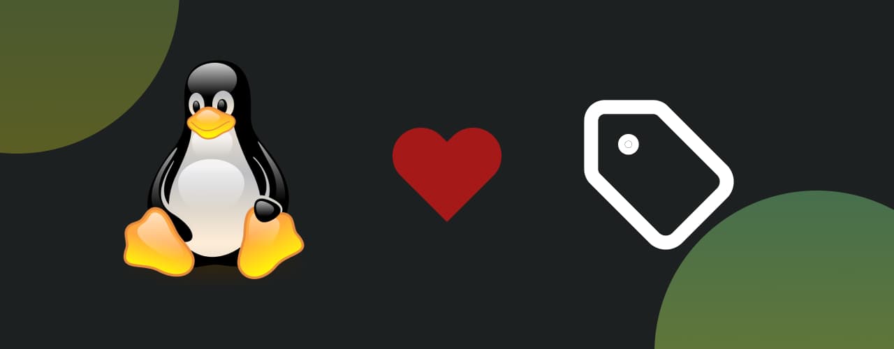 An image of Tux, the Linux mascot, next to a heart and a tag icon.