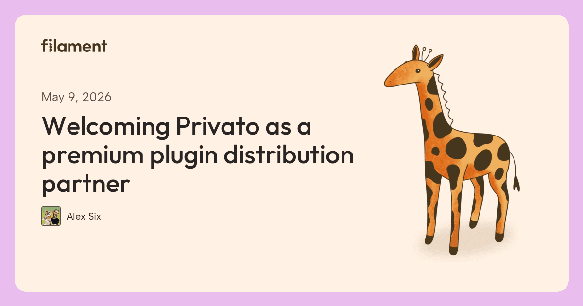 Filament article card for “Welcoming Privato as a premium plugin distribution partner”, by Alex Six.